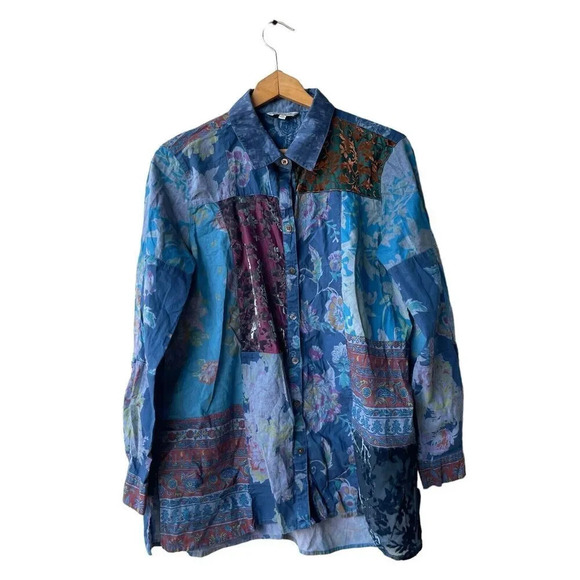 John Mark Patchwork Tunic Button Front Long Roll-Tab Sleeve Blouse Size M Blue - Picture 2 of 5